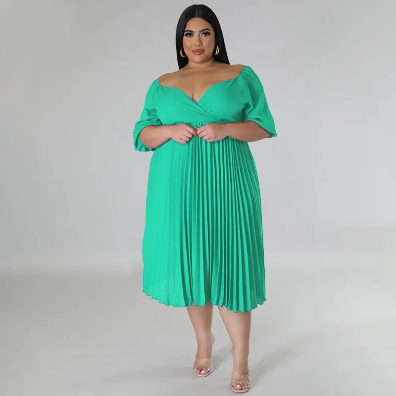 Plus Size Office Lady Pleated Dress Summer Women Clothes Half Sleeve Ruched Lad