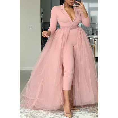 Plus Size Casual  V Neck Tulle Solid Long Sleeve Pants Jumpsuits image 2