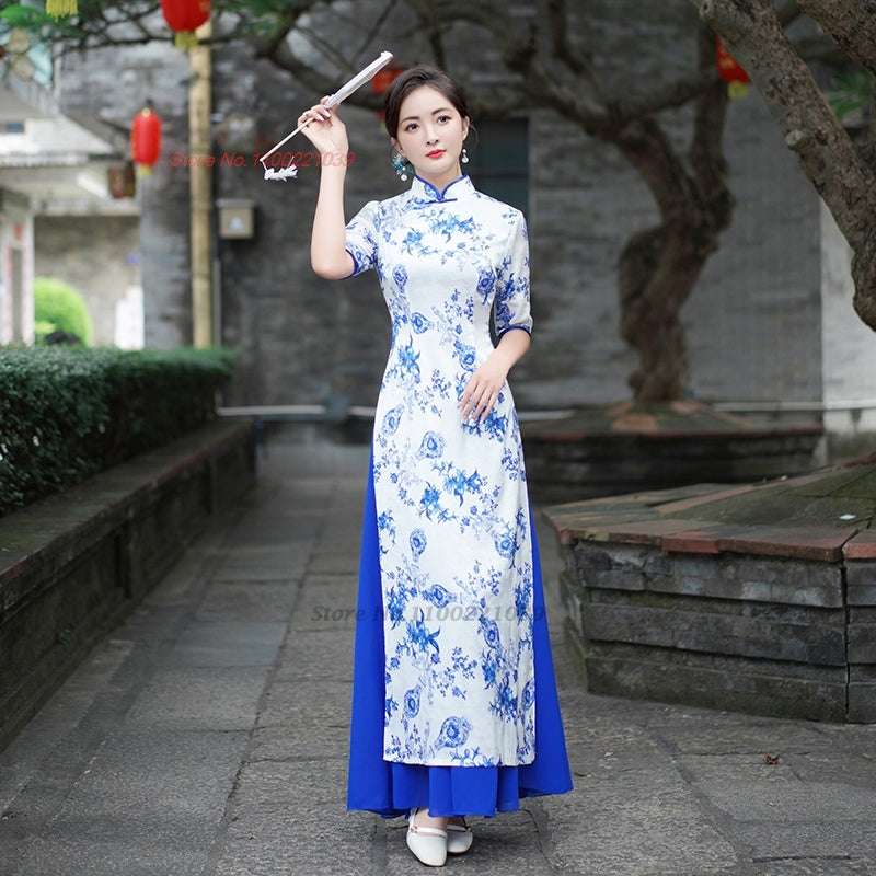 2024 vietnam aodai dress improved cheongsam qipao dress national flower print q