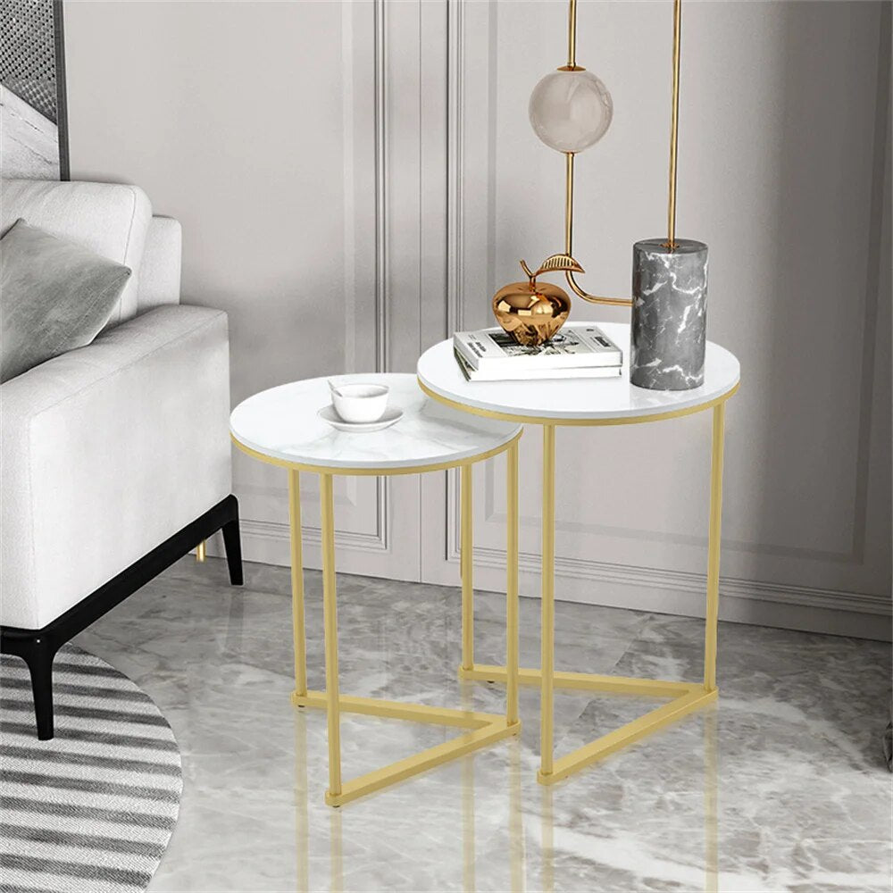 Modern Round Marble Metal Base Nesting Set Side Accent Table Living Room Storag image 2