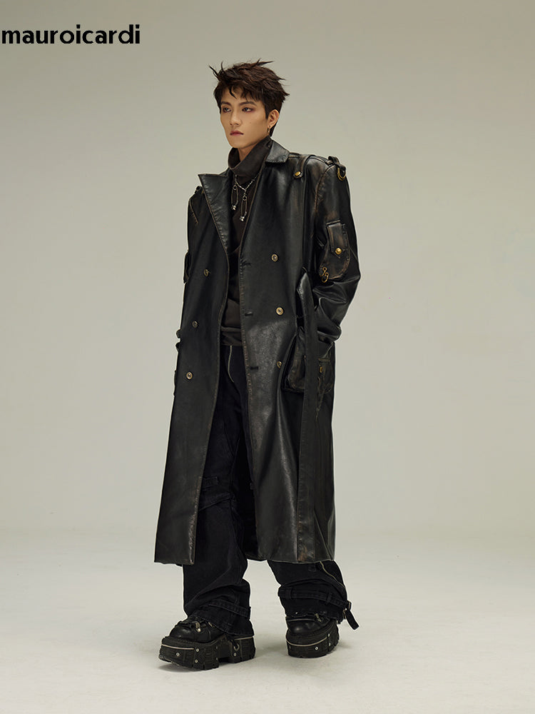 Mauroicardi Spring Autumn Long  Distressed Black Pu Leather Trench Coat Men Bel image 4