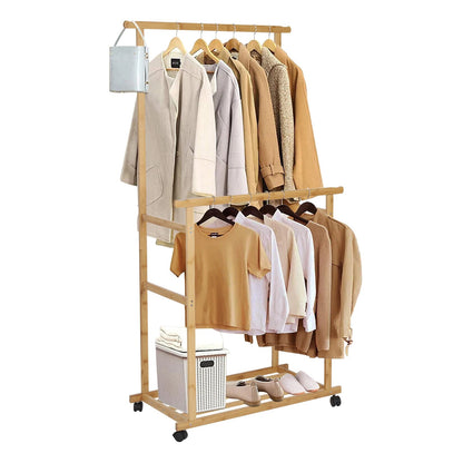 Bamboo Garment Coat Clothes Hanging Heavy Duty Rack with Shoe Clothing Storage image 3
