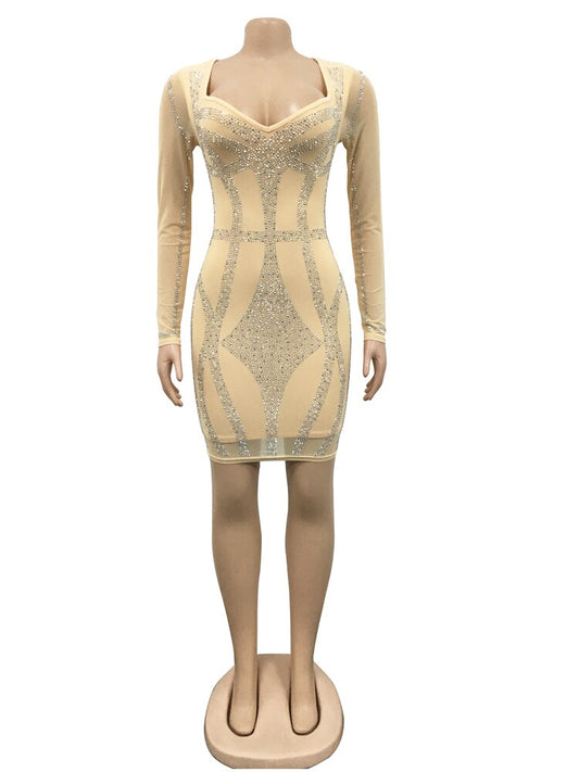 Kricesseen Gorgeous Black Rhinestone Sheer Mesh Bodycon Dress Womens Long image 0