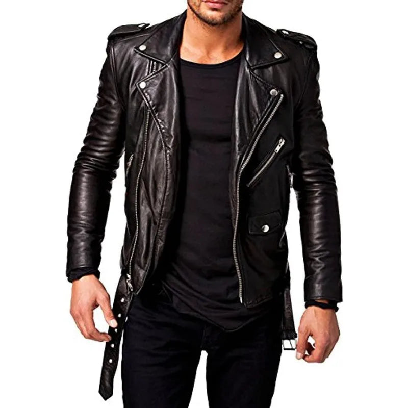 Men Leather Jacket -imitation Lambskin Winter Vintage Motorcycle Biker Jacket,  image 2