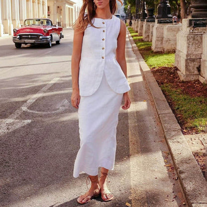 Women's Vest Skirt Set Female Khaki Long Blazer Vest V Neck Sleeveless Slim Top+E