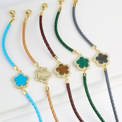 INS Hot Sale Shiny Zirconia Five-Leaf Flower Leather Adjustable Bracelet Classi image 0