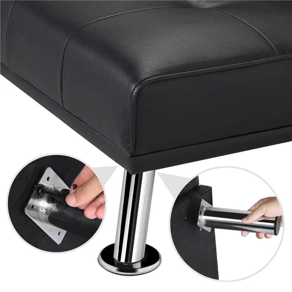 LuxuryGoods Modern Faux Leather Futon with Cupholders and Pillows, Black image 5