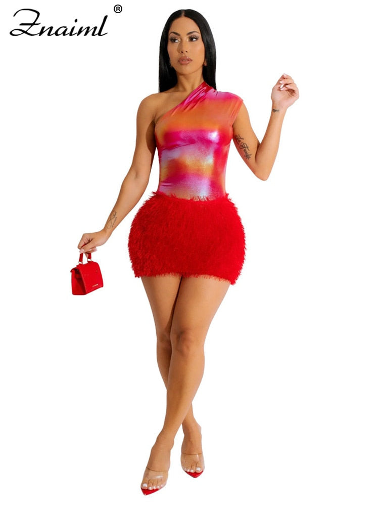 Znaiml 2023 Gorgeous Night Club Women One Shoulder Mini Dresses Faux Leather image 0