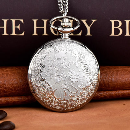 Creative silvery engraved hollow quartz pocket watch with Arabic numerals vinta image 2