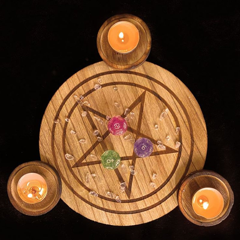 Astrology Pentagram wood Candlestick table Pentacle altar plate Triquetra woode image 3