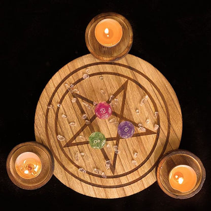 Astrology Pentagram wood Candlestick table Pentacle altar plate Triquetra woode image 3