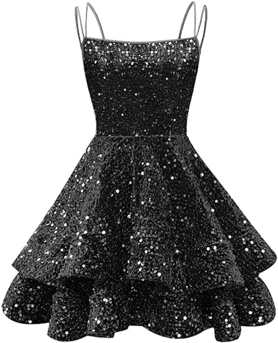 Sparkly Sequin Short Homecoming Dresses for Teens Spaghetti Straps Tiered Puffy