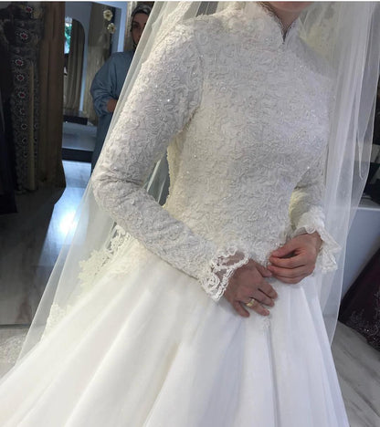 2023 White Arabic Muslim Wedding Dresses Princess High Neck Long Sleeves Lace A image 1