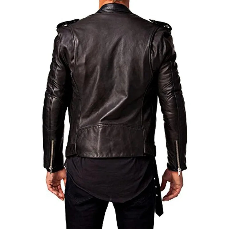 Men Leather Jacket -imitation Lambskin Winter Vintage Motorcycle Biker Jacket,  image 4