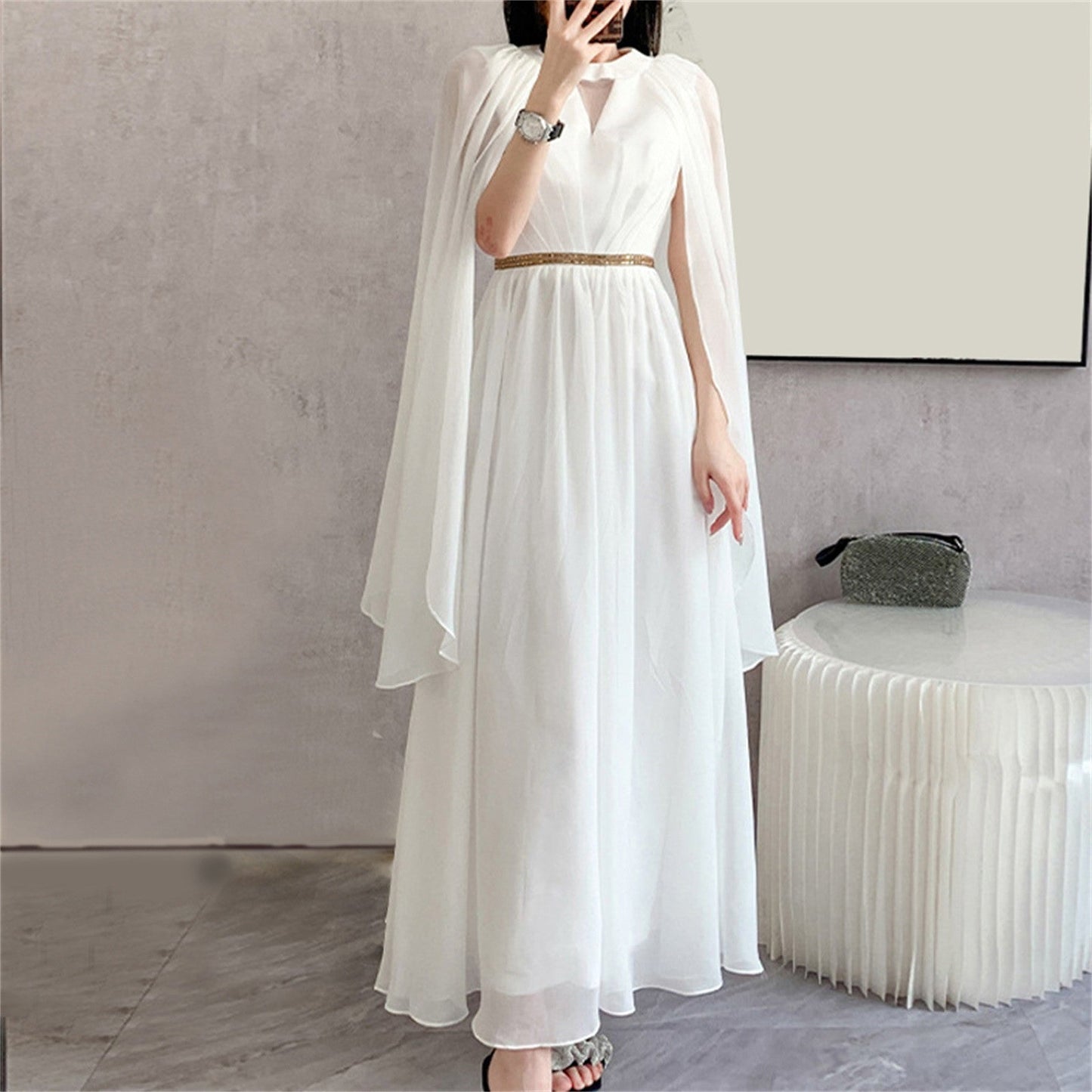 Women Dress 2024 Spring V Neck  Elegant long Dress Autumn cape Sleeve Gown  image 3