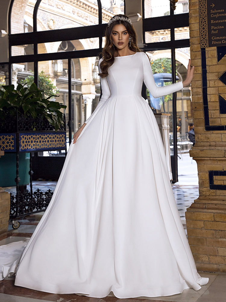 Smileven Satin Princess Wedding Dresses Long Sleeve Backless Caftan  Bri