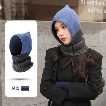 Winter Women Men's Knitted Cotton Hat Scarf Color Matching Two-color Balaclava image 5