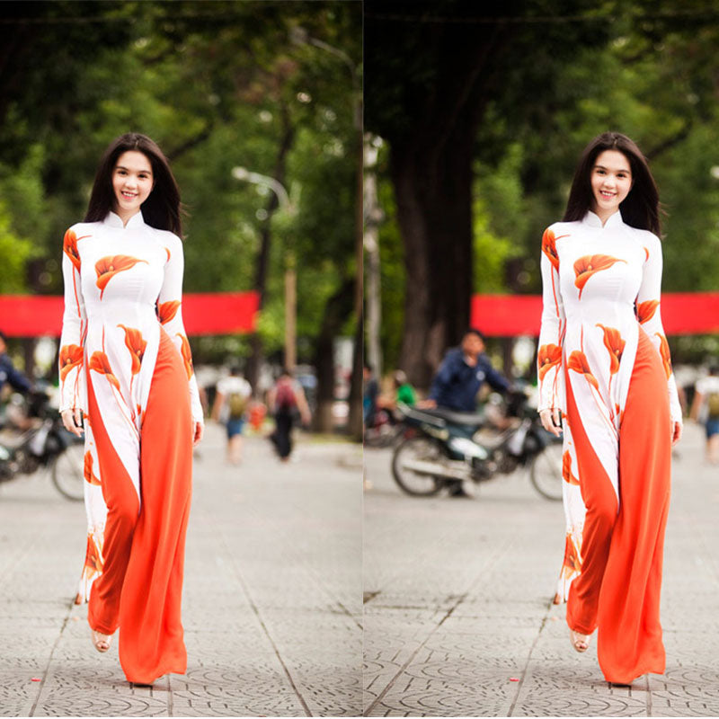 Authentic Vietnam Women Ethnic Clothing Aodai Dress Traditional Two Pieces Set