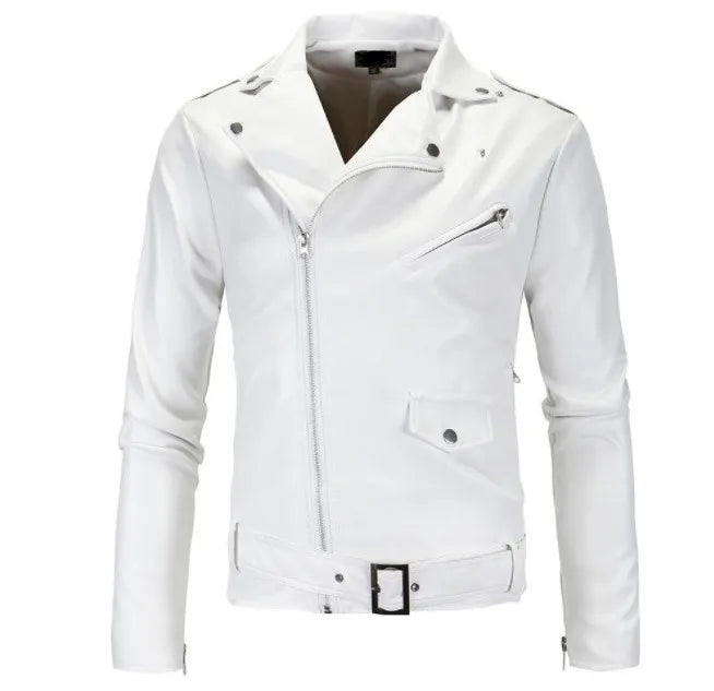 Men's Leather Jackets New White Black Casual Lapel Slim Fit Diagonal Zipper Moto