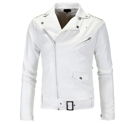 Men's Leather Jackets New White Black Casual Lapel Slim Fit Diagonal Zipper Moto