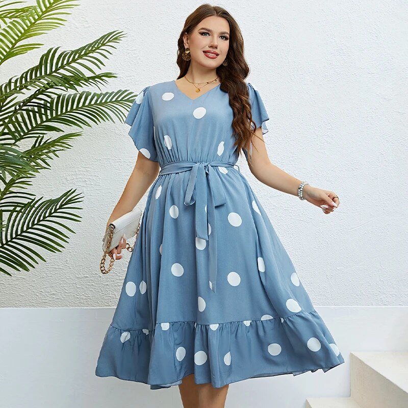 2023 Short Sleeves Polka Dot Informal Plus Size Midi Dress V-neck Collar Women'