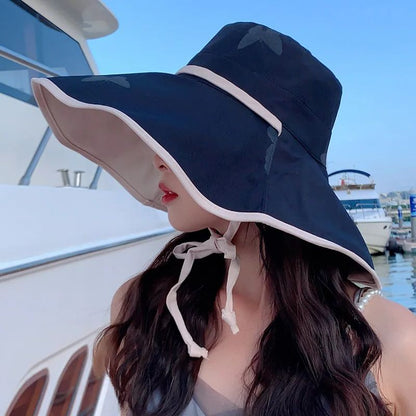 Double-sided Large-brimmed Sun Hat WoMen's Printed Butterfly Tie Rope Sunscreen image 1