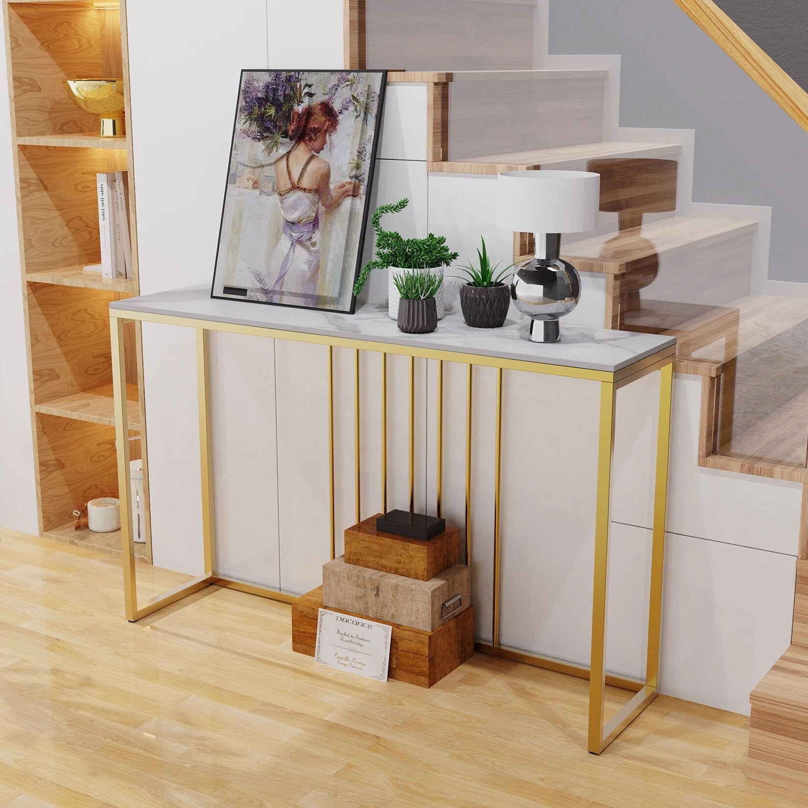 47.2"  Long Console Table Sintered Top Gold Metal Leg Sofa Table for Hallw