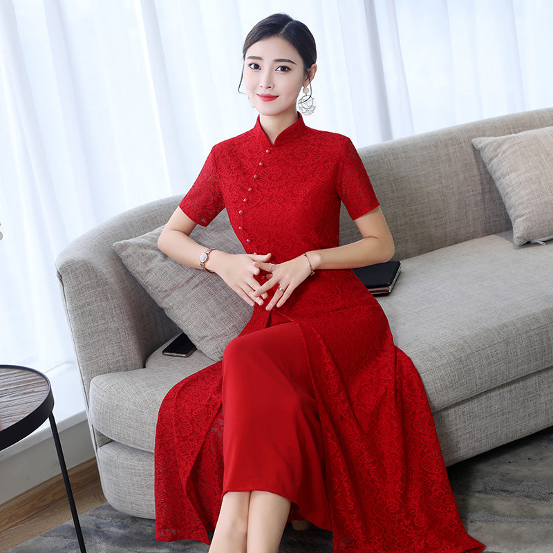 2022 News Summer Aodai Vietnam Qipao Dress for Women Traditional Clothing Lace