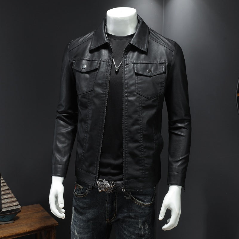 Men's lapel leather jacket autumn oversized slim motorcycle riding suit winter  image 2