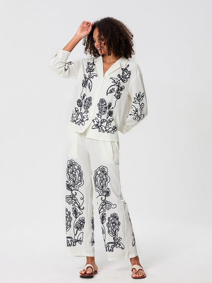 Women Blazer and Pants Set Stylish Floral Print Jacket with Trousers for Workwe image 1