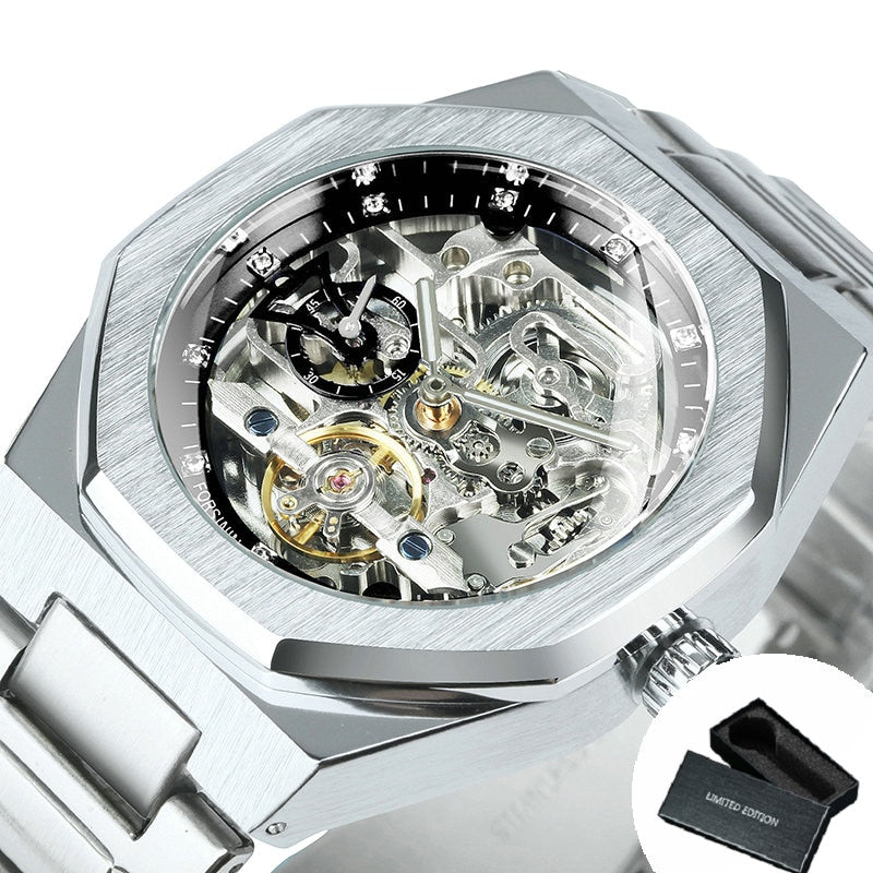 Forsining Black Automatic Watch 3D Diamond Dial Irregular Skeleton Mechanical W image 0