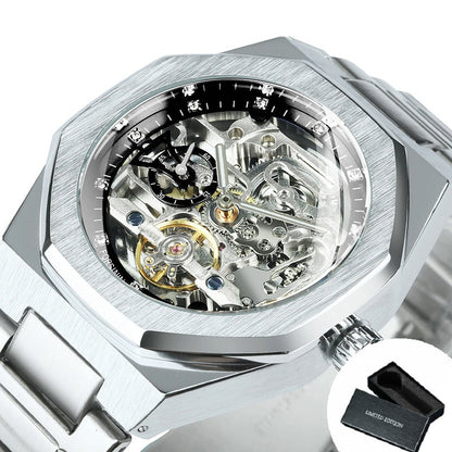 Forsining Black Automatic Watch 3D Diamond Dial Irregular Skeleton Mechanical W image 0