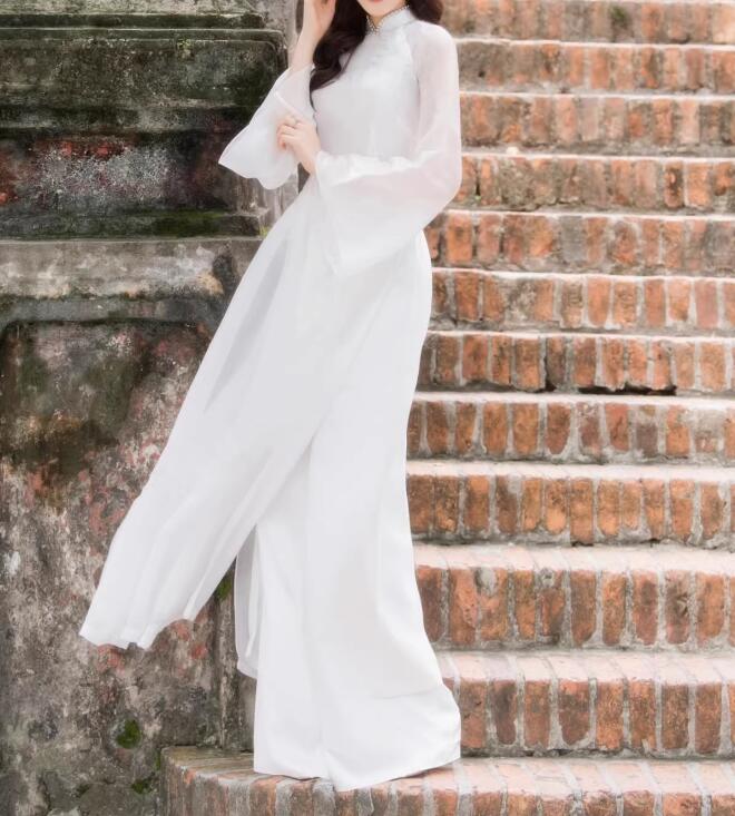 Vietnam Tradition Ao dai Cheongsam White Wedding Dress Include Pants Vintage Ru