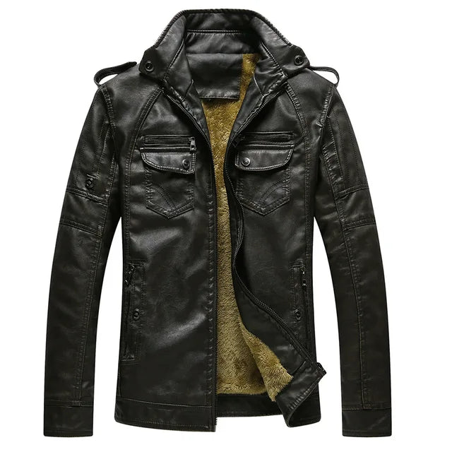 Motorcycle Jacket Men Slim Fit Collar Zipper Stand PU Leather Coat image 3