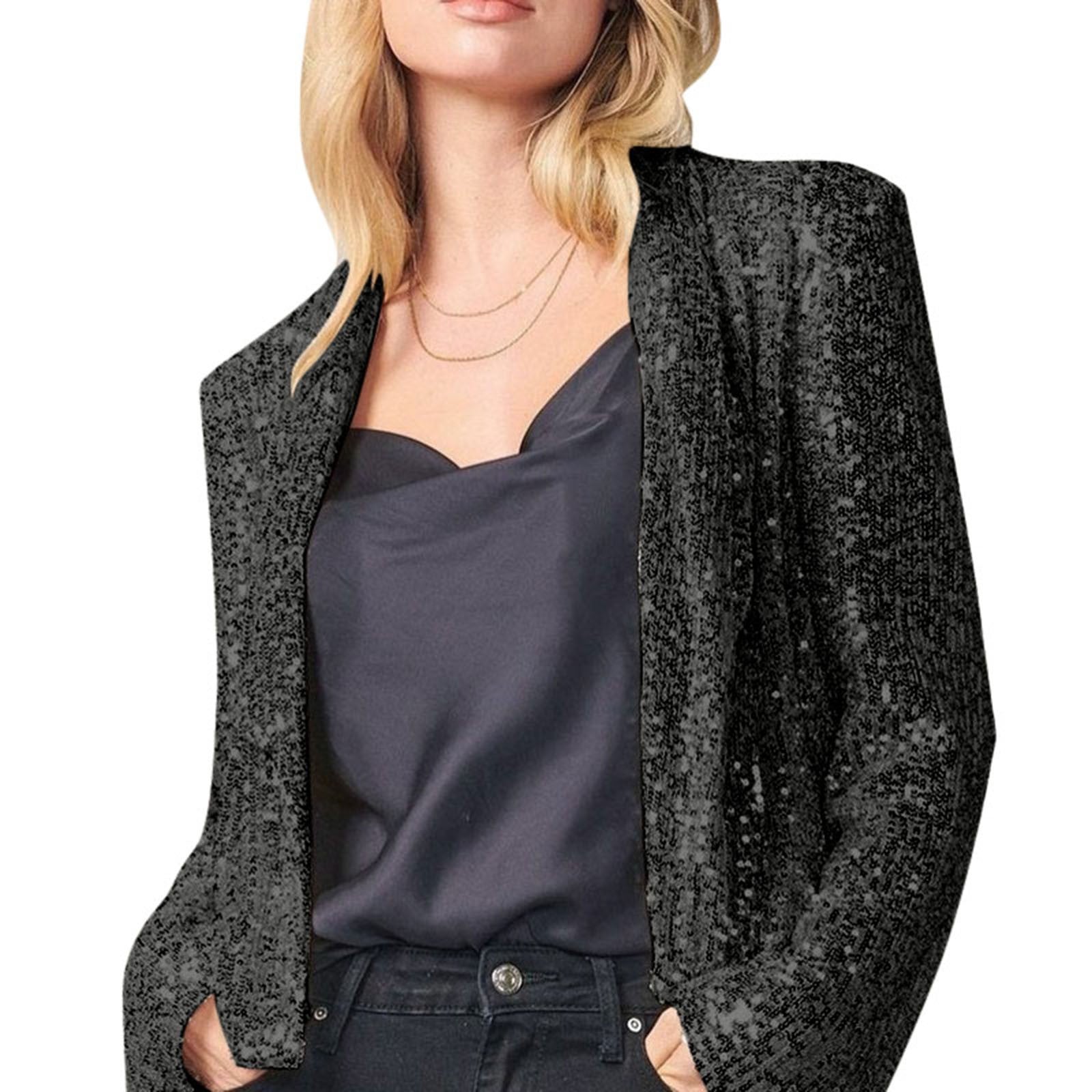 Women's Sequin Suit Long Sleeve Lapel Solid Color Blazer Coat Casual Office Lad image 1
