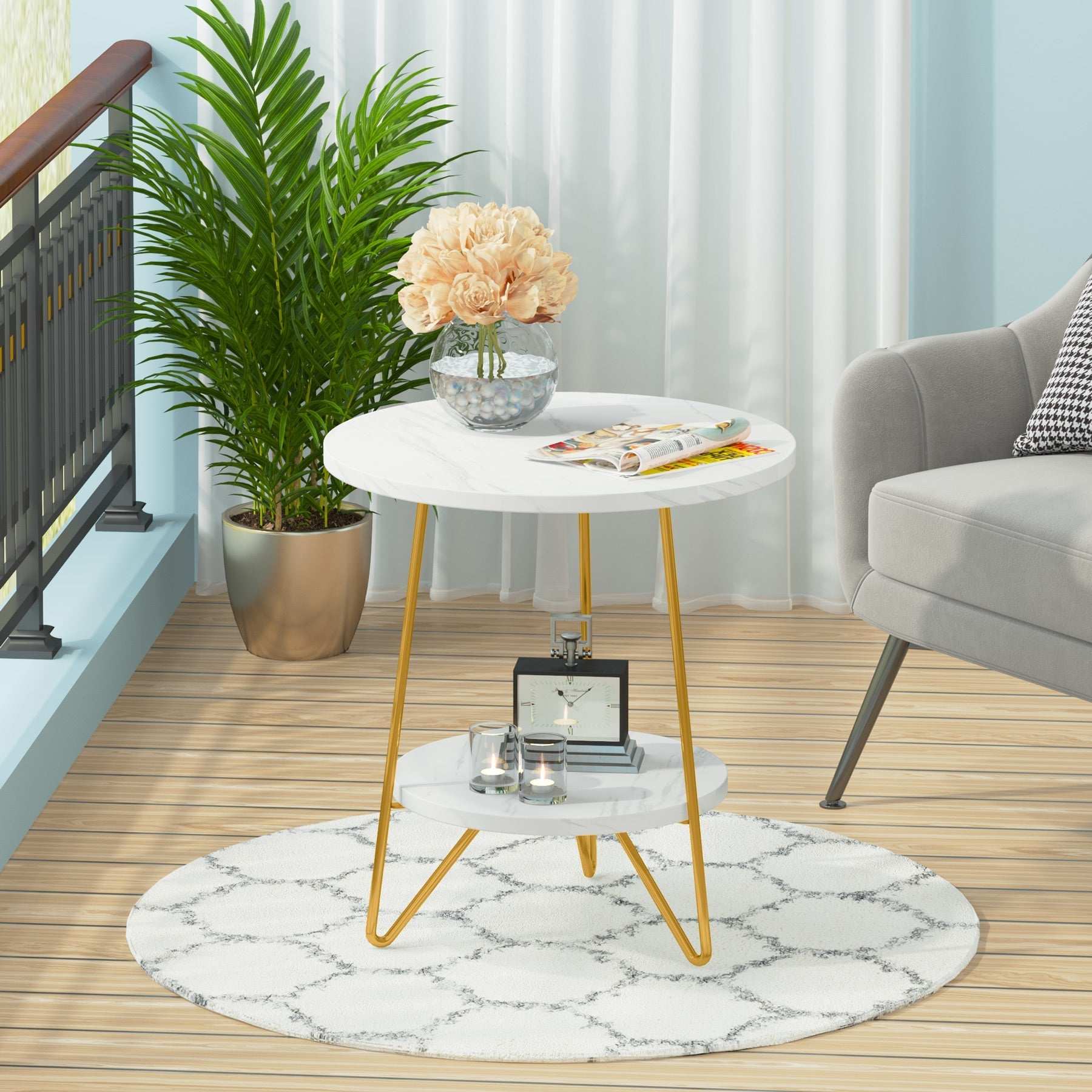 Tribesigns Faux Marble End Table, 2 Tier Round Side Table With Shelves, Modern