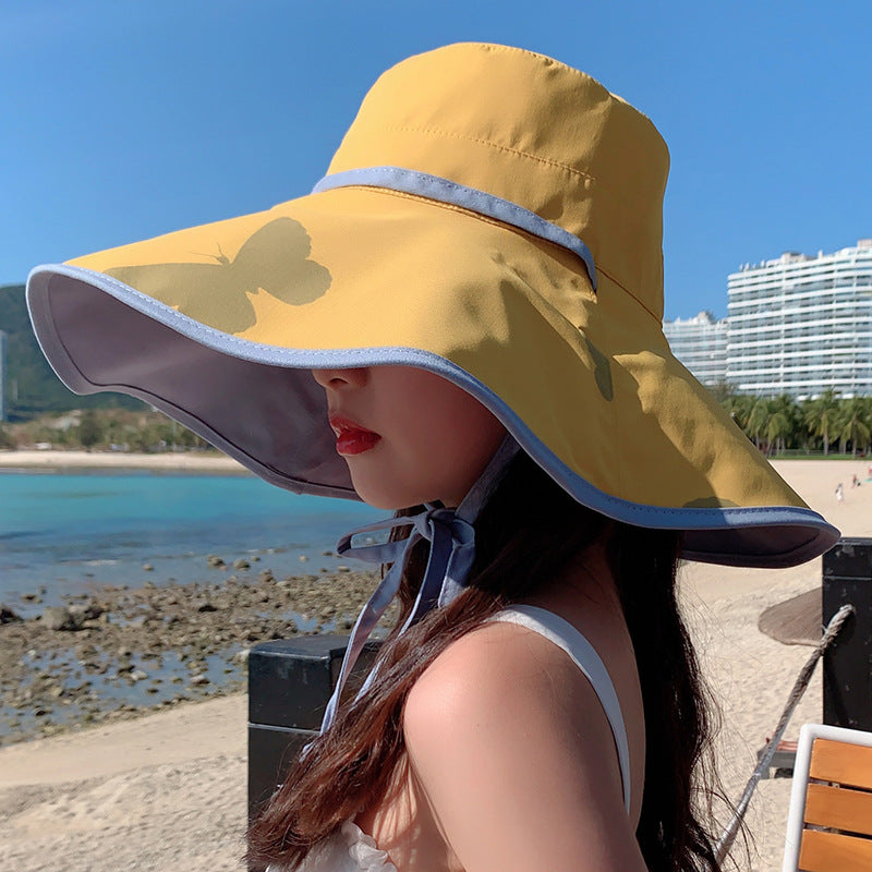 Double-sided Large-brimmed Sun Hat WoMen's Printed Butterfly Tie Rope Sunscreen image 5