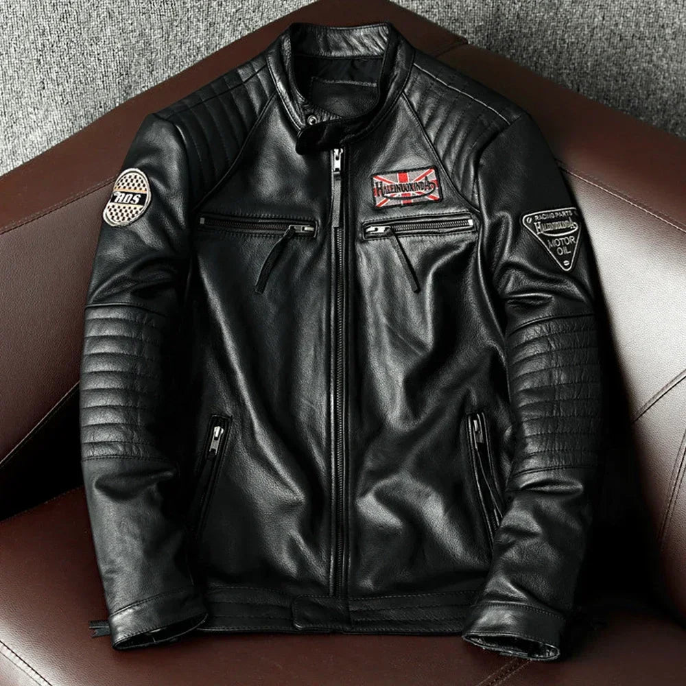,Biker Popular motor style Vintage men's quality genuine leather J image 1
