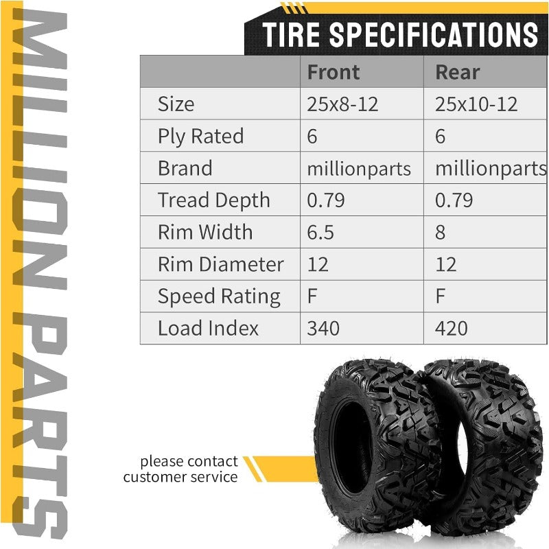Complete Set of 4 All Terrain ATV UTV Tires 25x8-12 Front & 25x10-12 Rear 6PR T image 5