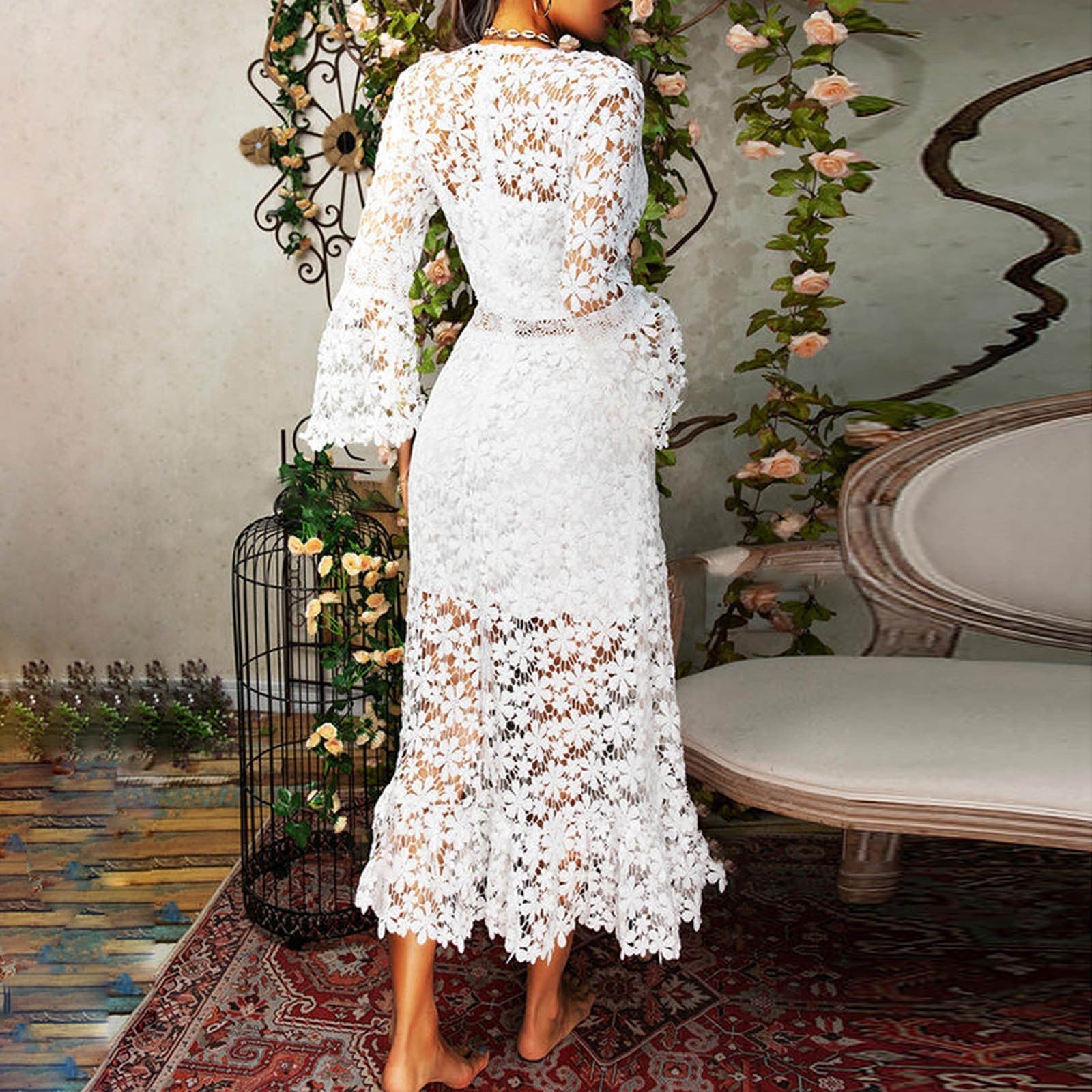 Elegant White Lace Hollow Out Party Dress for Women  V-neck Flare Sleeve Fl image 6