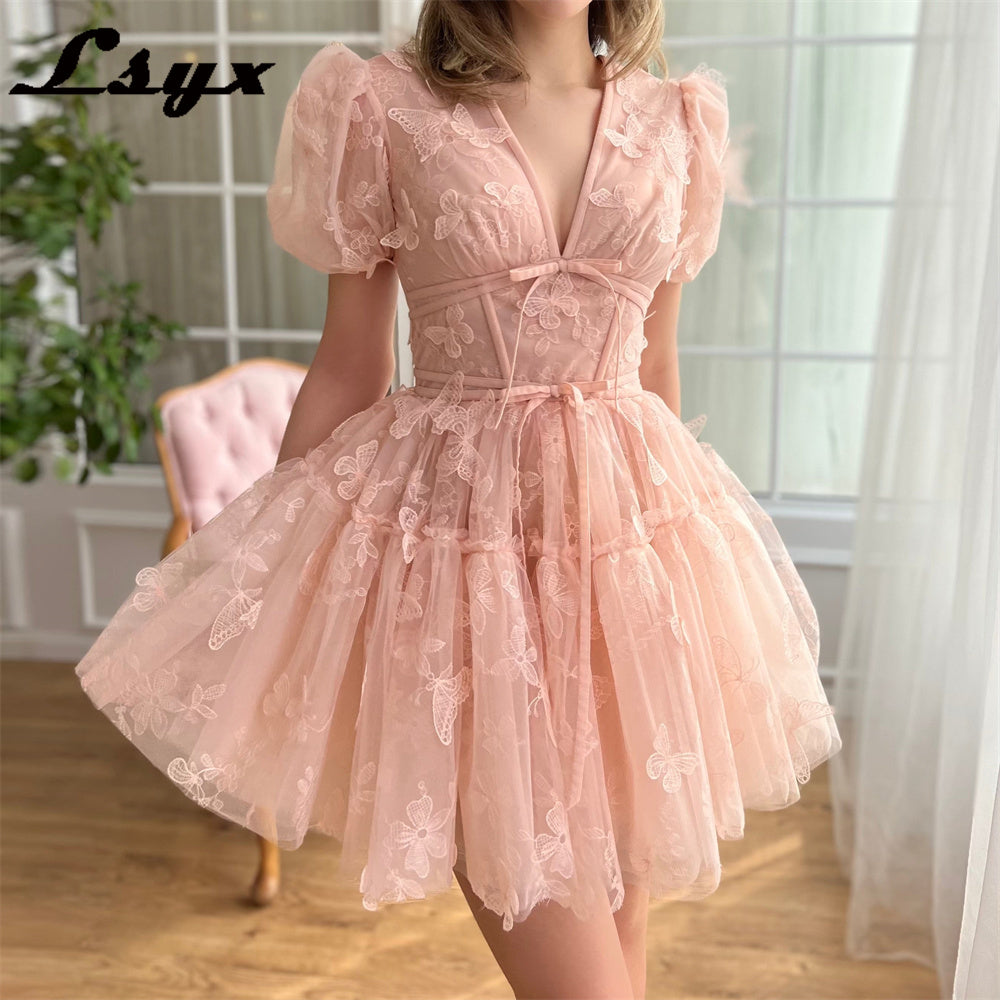 LSYX Above Knee Short Sleeves Butterflies Homecoming Dresses 2024 Tulle V Neck  image 1