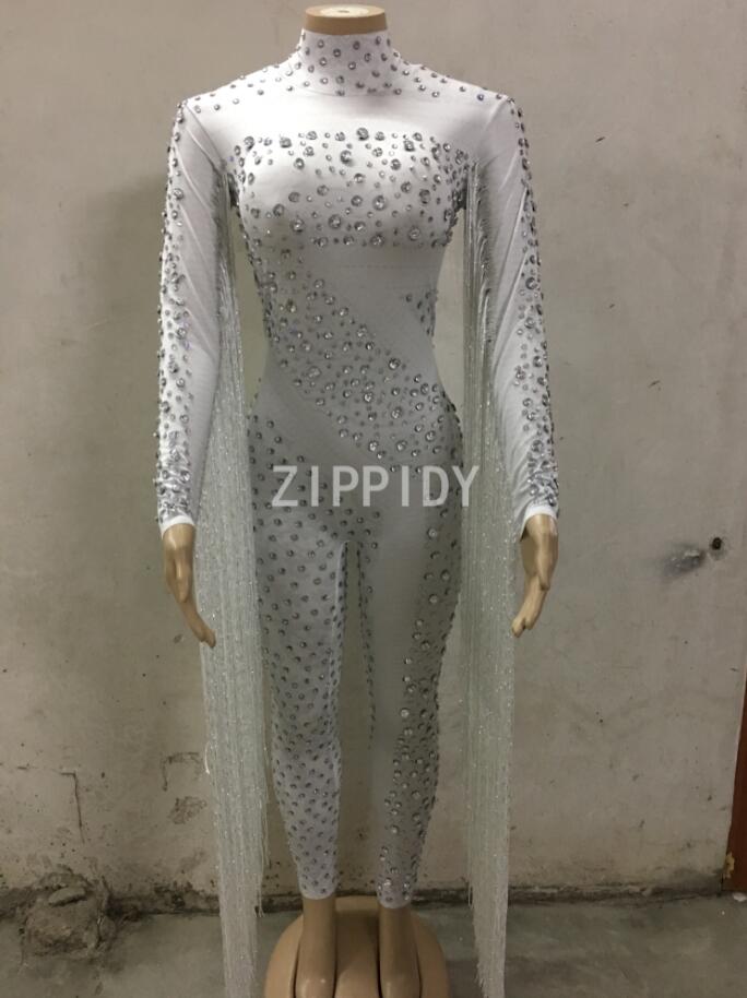 Red Fringes Rhinestones Jumpsuit Stage Bodysuit Celebrate Dance Tassel Costume image 2