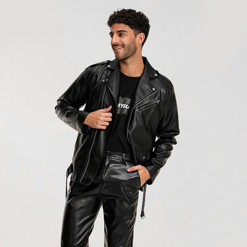 Men s Classic Black Leather Biker Jacket with Quilted Shoulders and Zippered Po image 2