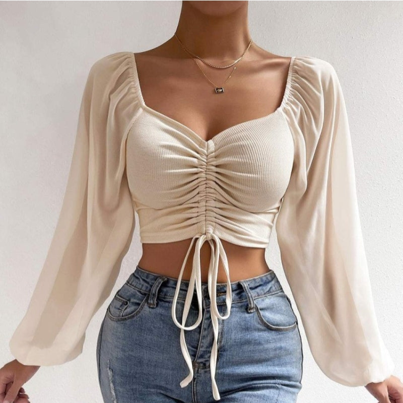 ALLUKASA  Mesh Lantern Sleeves Drawstring Wrap Chest Bare Midriff T Shirt W image 1