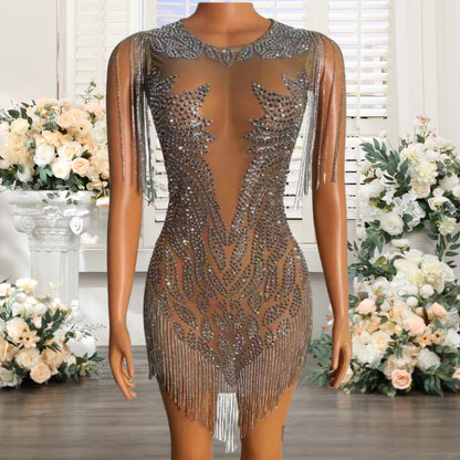 Kimjo Sparkly Crystal Beaded Homecoming Dress | Sequin Tassel Mini Sheath Gown