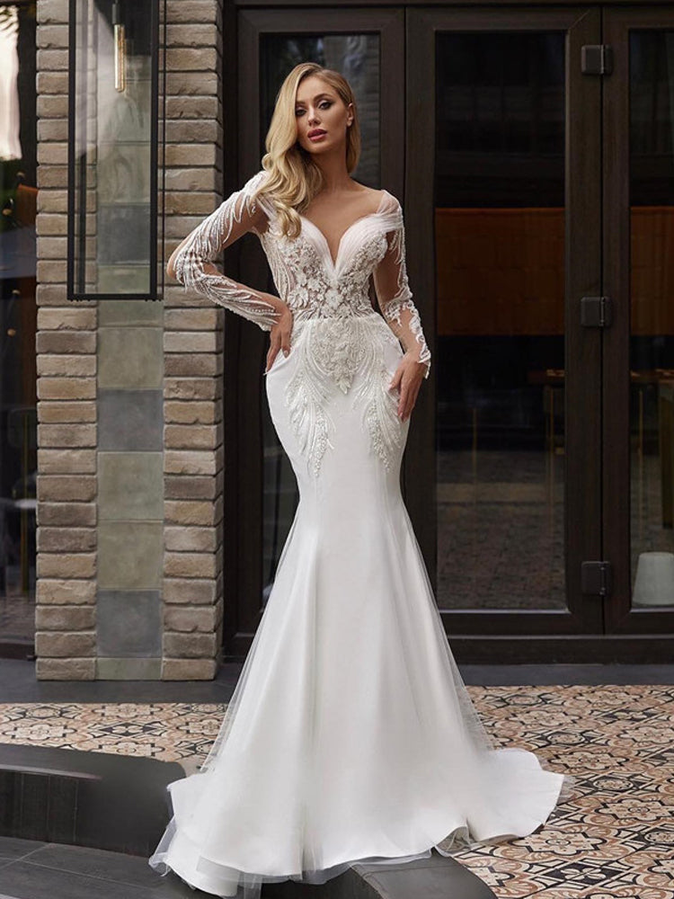 Smileven Lace Mermaid Wedding Dresses Long Sleeve V Neck Pleats  Bride D