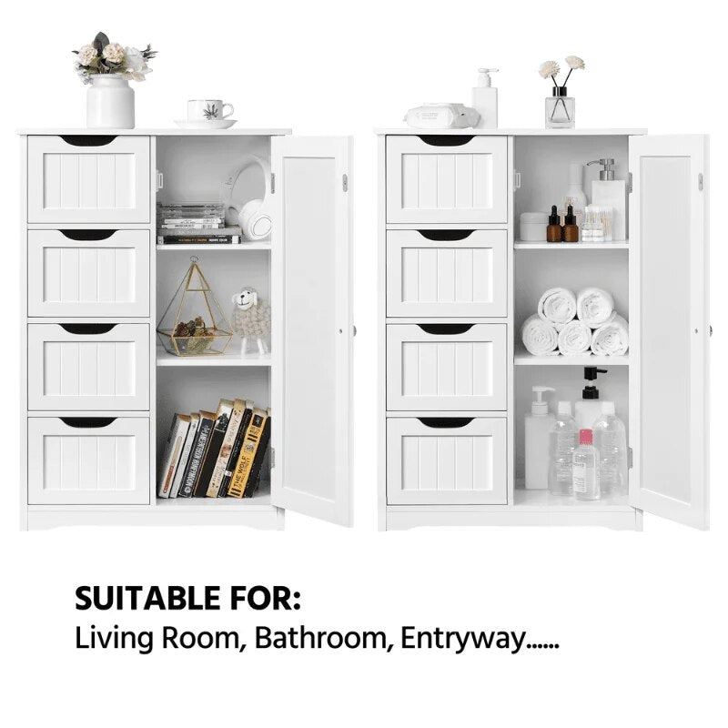 Alden Design Wooden Bathroom Storage Cabinet with 4 Drawers & Cupboard, White image 6