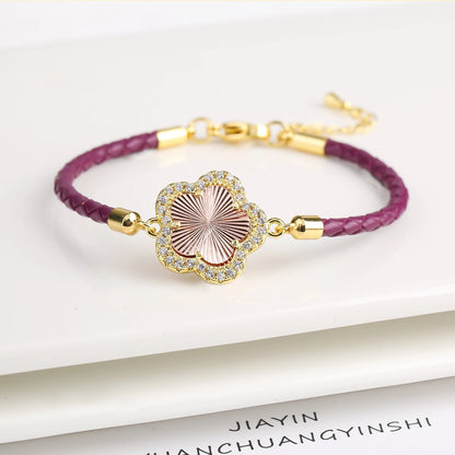INS Hot Sale Shiny Zirconia Five-Leaf Flower Leather Adjustable Bracelet Classi image 1