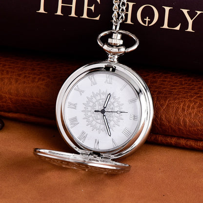 Creative silvery engraved hollow quartz pocket watch with Arabic numerals vinta image 4