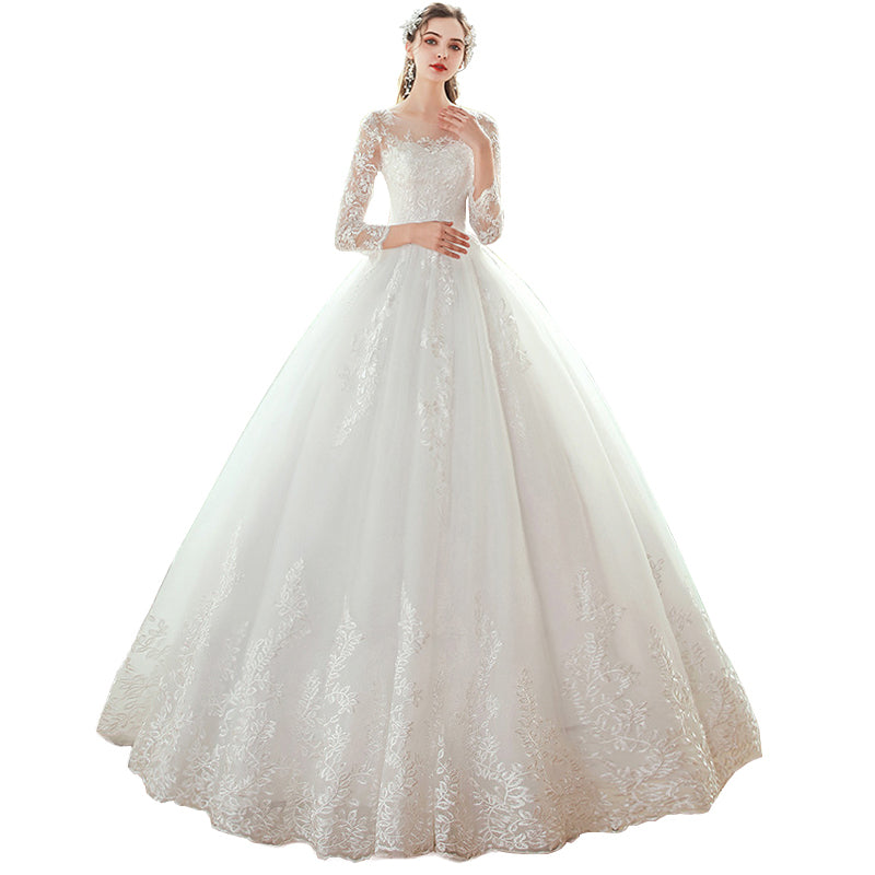 2022 New  O-neck Wedding Dress Lace Embroidery Long Sle